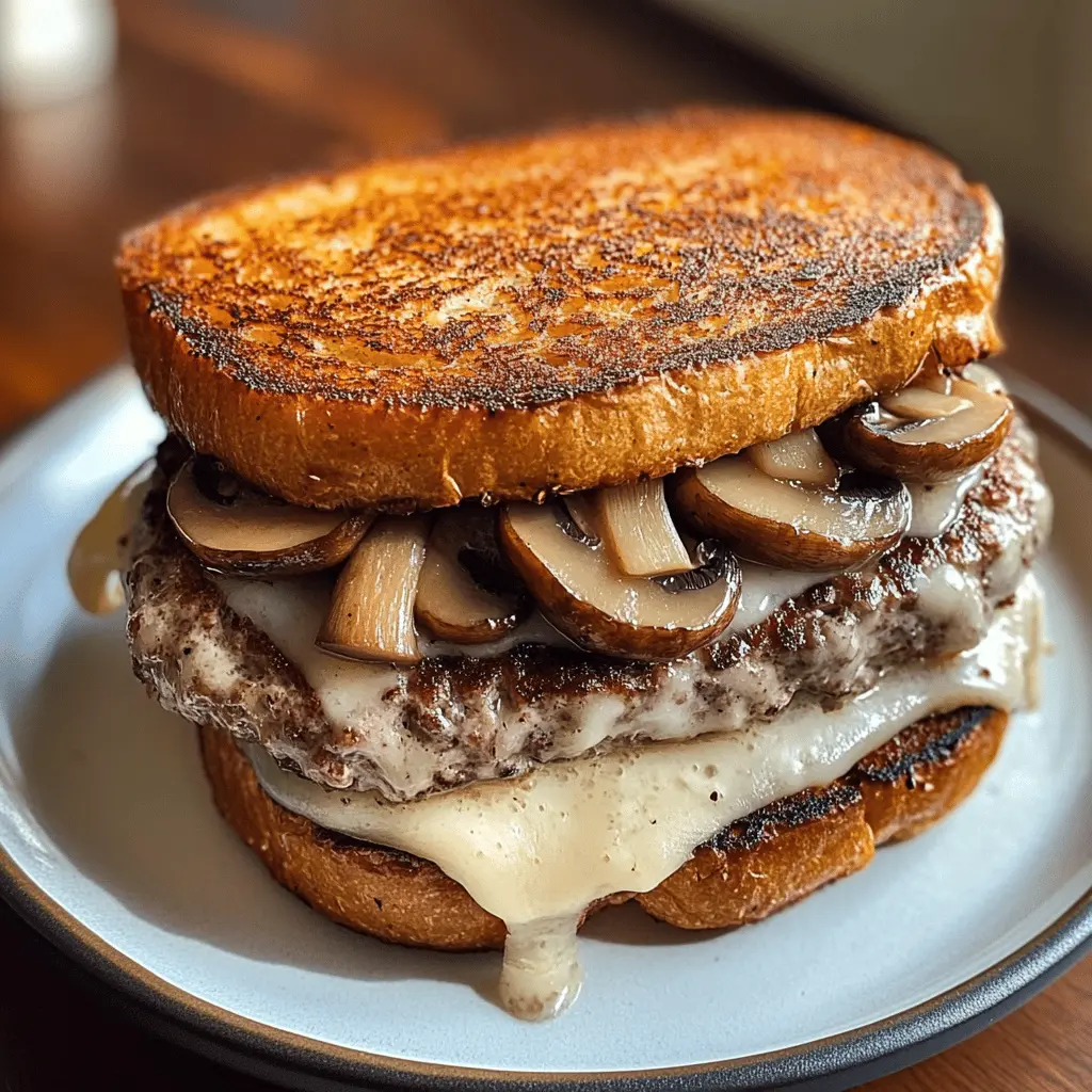 Looking for a hearty meal? This Mushroom Swiss Patty Melt features juicy beef patties topped with melted Swiss cheese and sautéed mushrooms, all nestled between perfectly grilled bread. It's comfort food at its finest! Save this recipe for your next family dinner or casual get-together. Your taste buds will thank you!