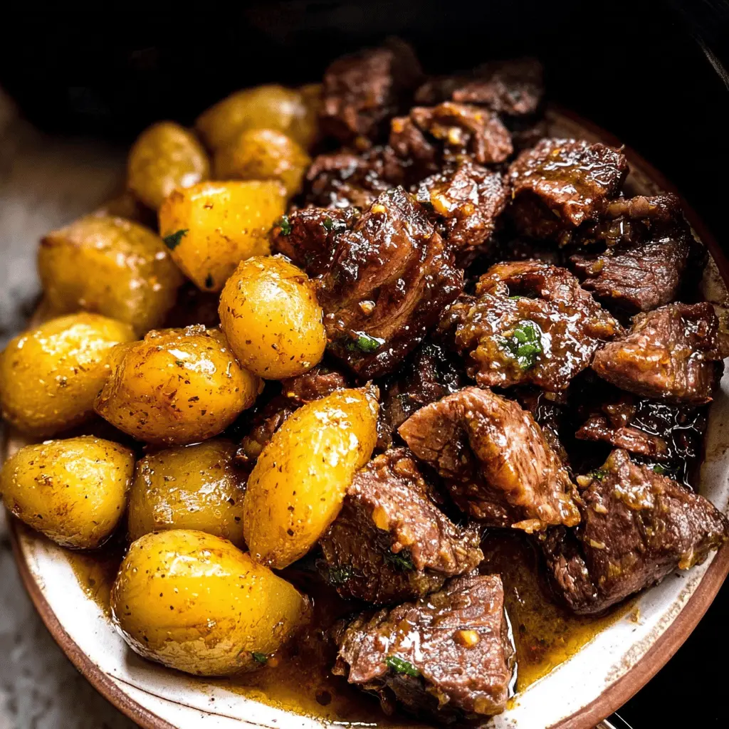 Slow Cooker Garlic Butter Beef Bites with Potatoes