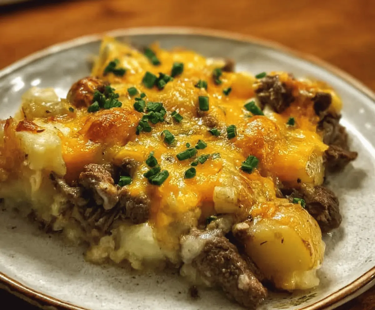 Easy Slow Cooker Steak and Cheddar Potato Casserole