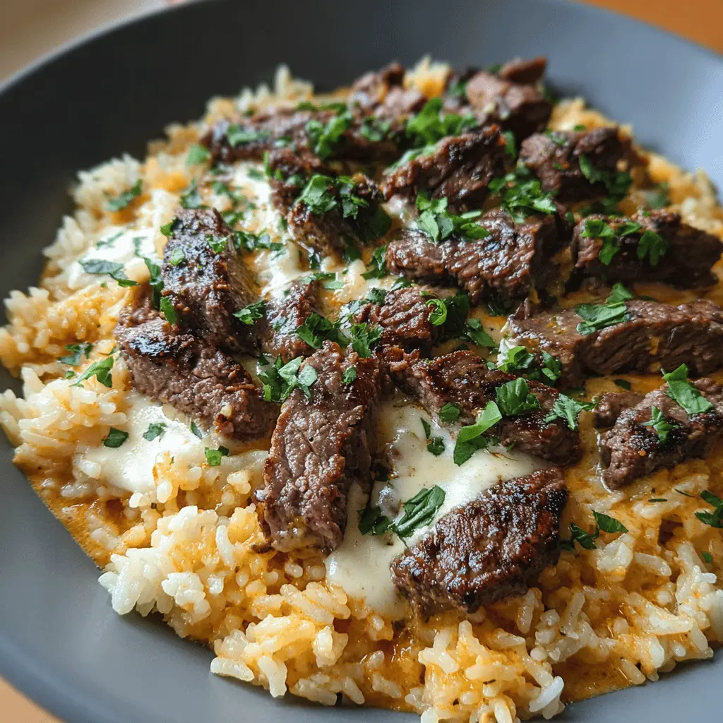 Creamy Queso Rice with Tender Steak Strips
