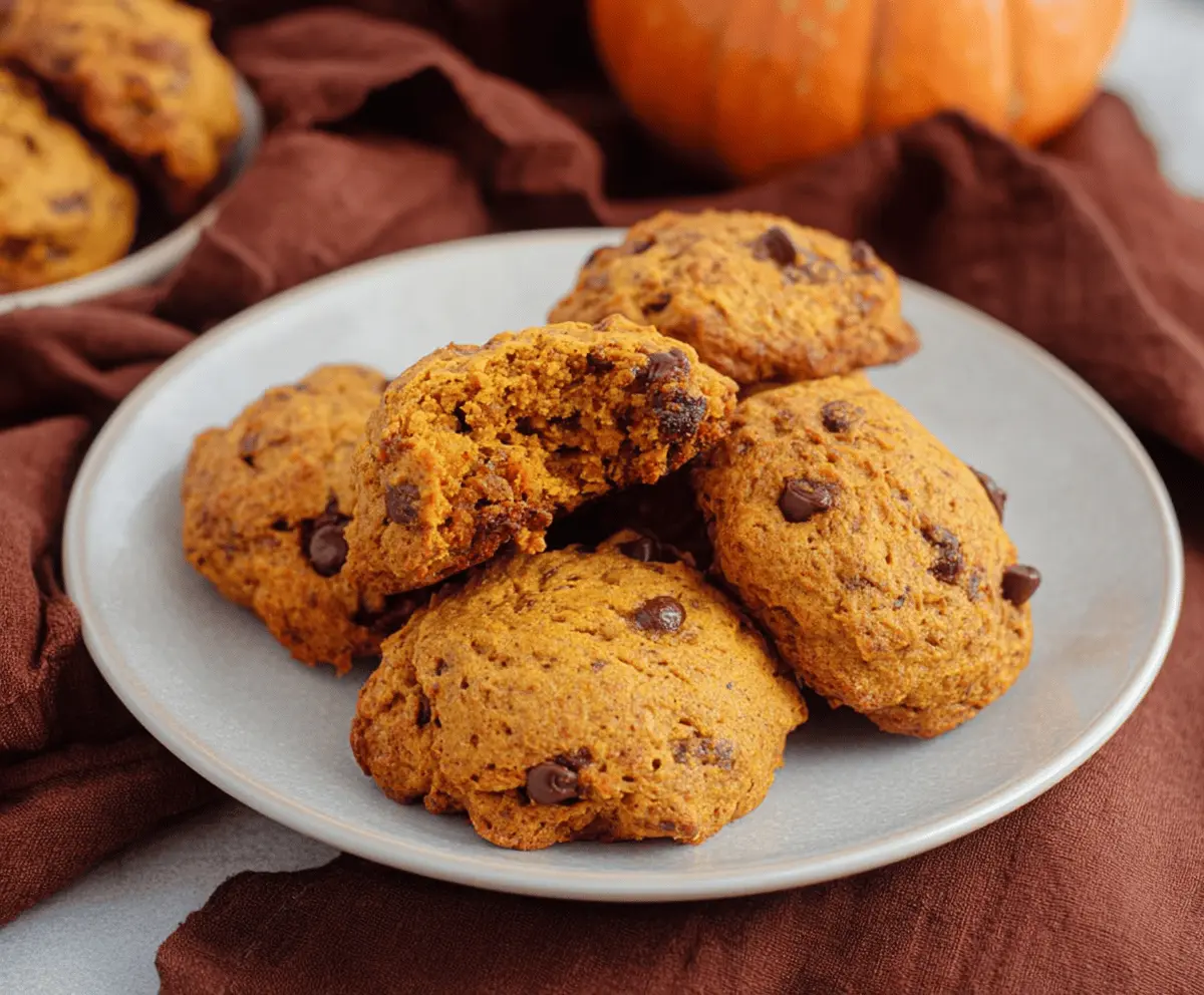 Delicious homemade Air Fryer Pumpkin Cookies topped with chocolate chips on a white plate, perfect for fall treats
