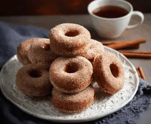 Delicious freshly baked apple cider donuts topped with cinnamon sugar on a rustic wooden table, perfect for fall treats.