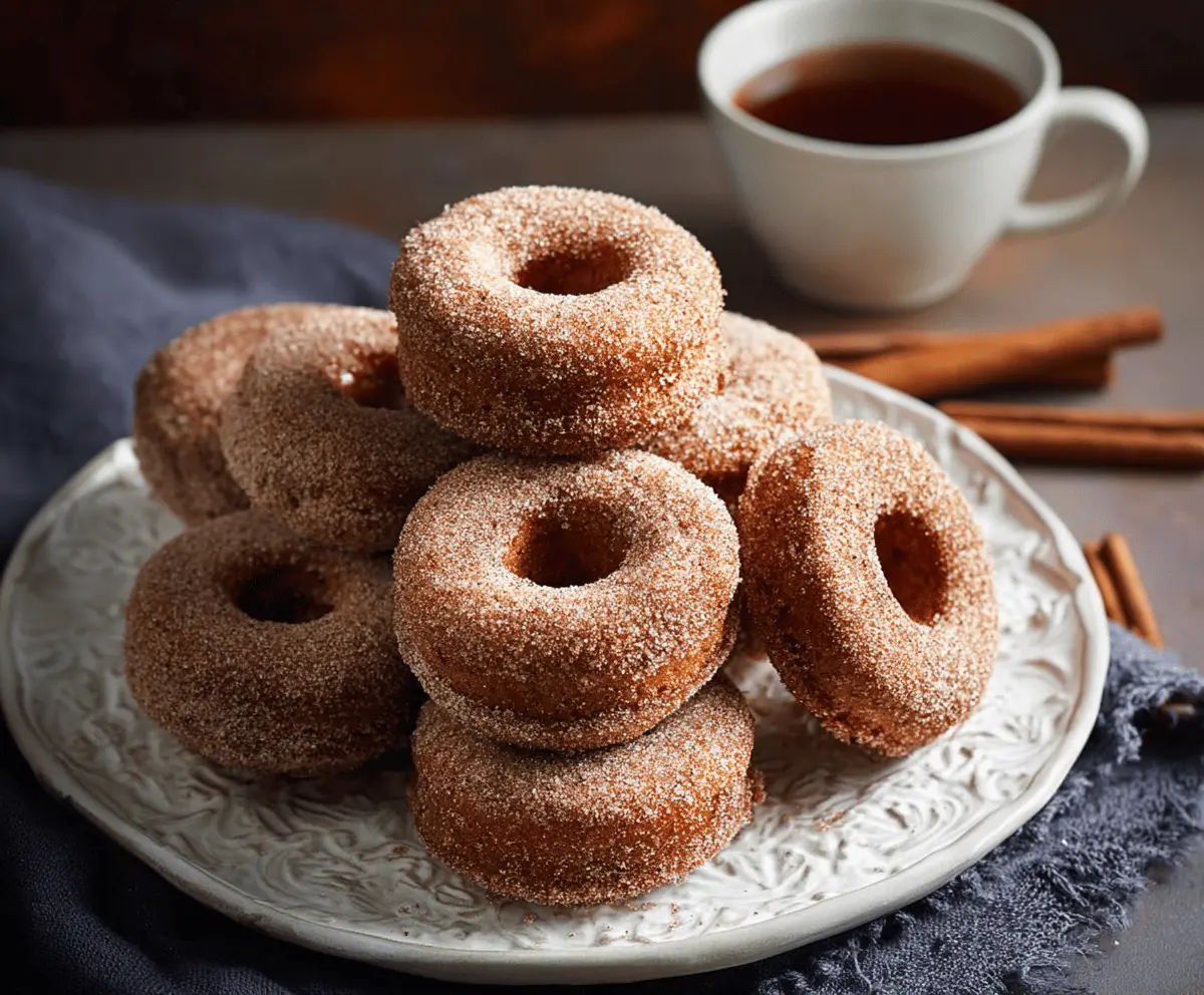 Delicious freshly baked apple cider donuts topped with cinnamon sugar on a rustic wooden table, perfect for fall treats.
