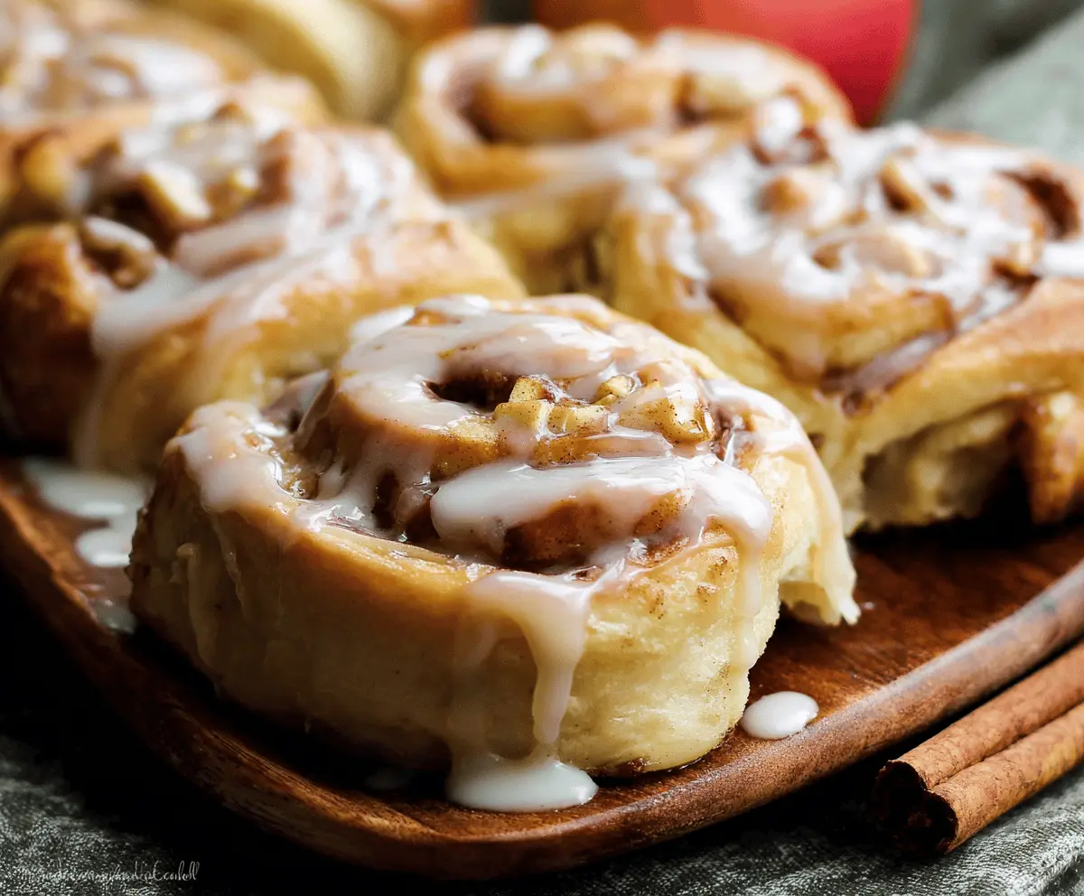 Delicious homemade apple cinnamon rolls topped with icing, featuring warm apple filling and cinnamon-spiced dough, perfect for breakfast or dessert