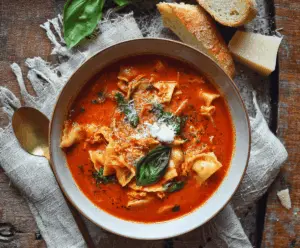 Spicy Arrabbiata Lasagna Soup topped with melted cheese and fresh basil in a bowl on a rustic wooden table