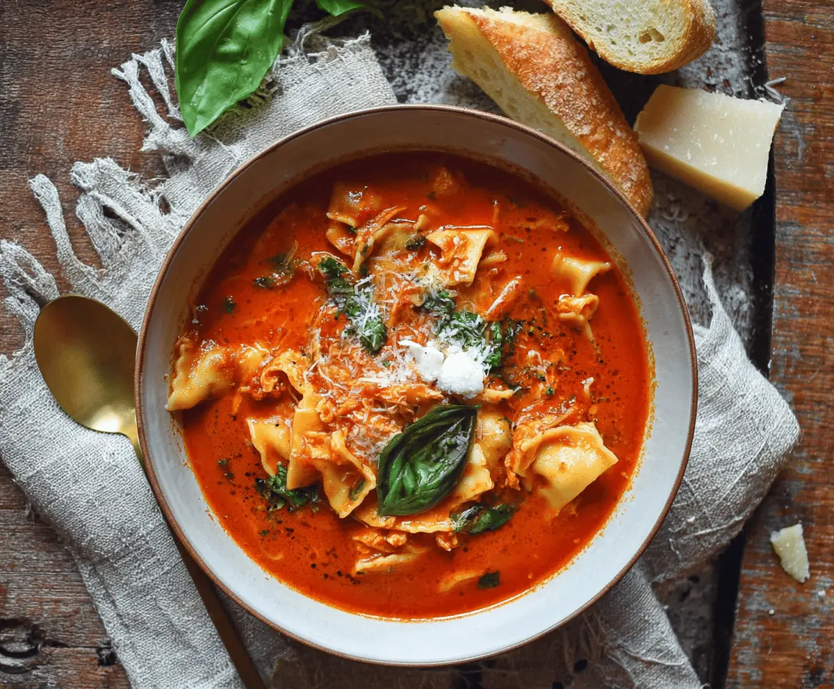 Spicy Arrabbiata Lasagna Soup topped with melted cheese and fresh basil in a bowl on a rustic wooden table