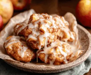 Delicious baked apple fritters topped with a glossy glaze, served on a plate with cinnamon and powdered sugar, perfect for a cozy breakfast or dessert