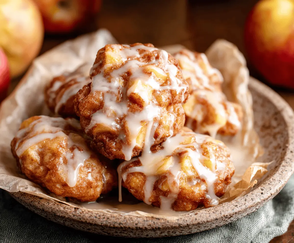 Delicious baked apple fritters topped with a glossy glaze, served on a plate with cinnamon and powdered sugar, perfect for a cozy breakfast or dessert
