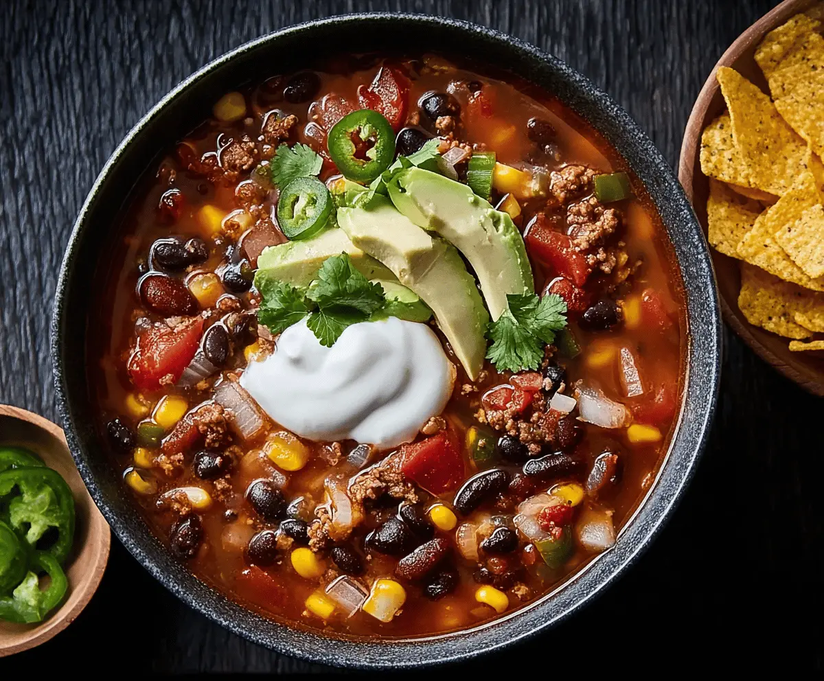Hearty black bean taco soup in a bowl topped with fresh cilantro and shredded cheese, served with tortilla chips on the side.