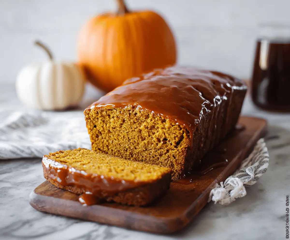 Delicious slice of Brown Butter Maple-Glazed Pumpkin Bread topped with walnuts and a drizzle of glaze, served on a rustic plate