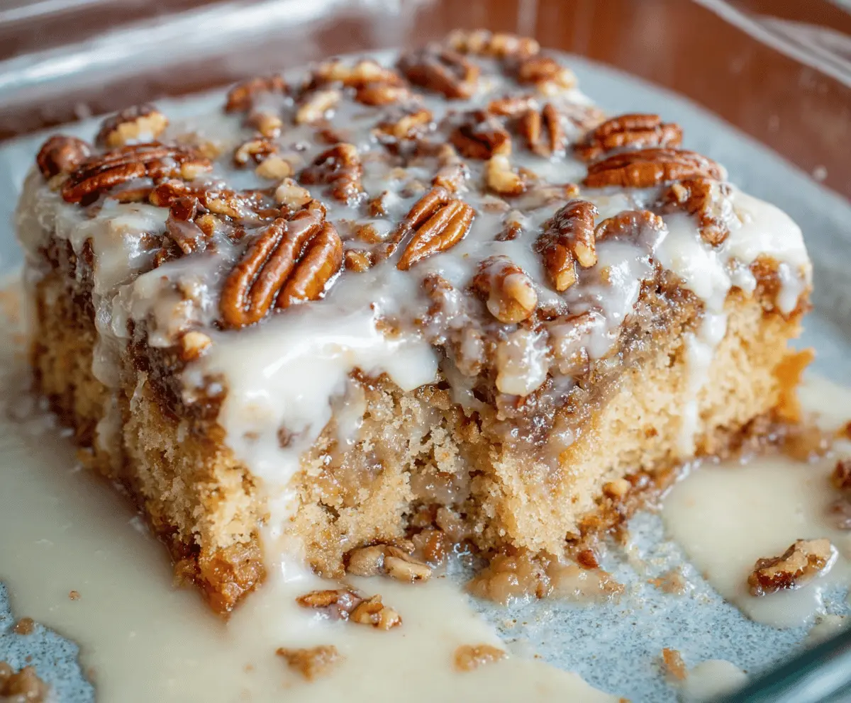 Delicious Butter Pecan Praline Poke Cake topped with whipped cream and toasted pecans, featuring a rich caramel and praline glaze for a sweet, nutty dessert
