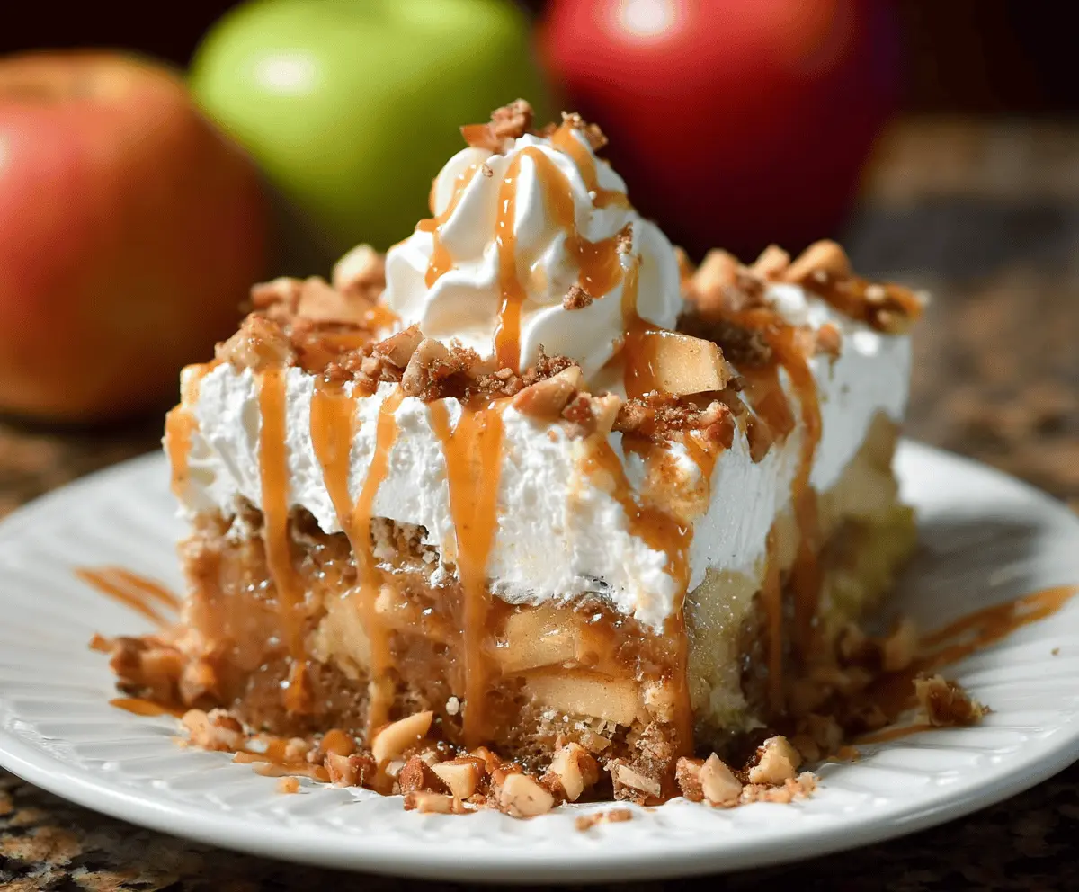 Delicious Caramel Apple Poke Cake topped with caramel drizzle and apple slices, perfect for fall dessert