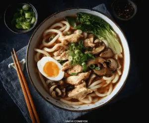 A steaming bowl of chicken udon noodle soup garnished with sliced green onions and fresh herbs, showcasing tender chicken, thick udon noodles, and colorful vegetables in a savory broth.