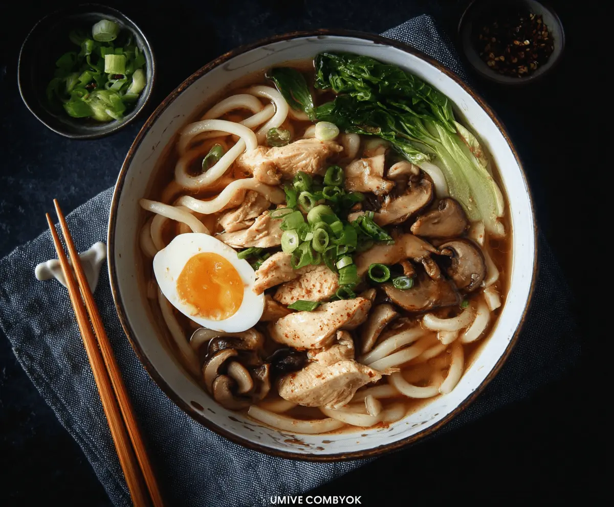 A steaming bowl of chicken udon noodle soup garnished with sliced green onions and fresh herbs, showcasing tender chicken, thick udon noodles, and colorful vegetables in a savory broth.