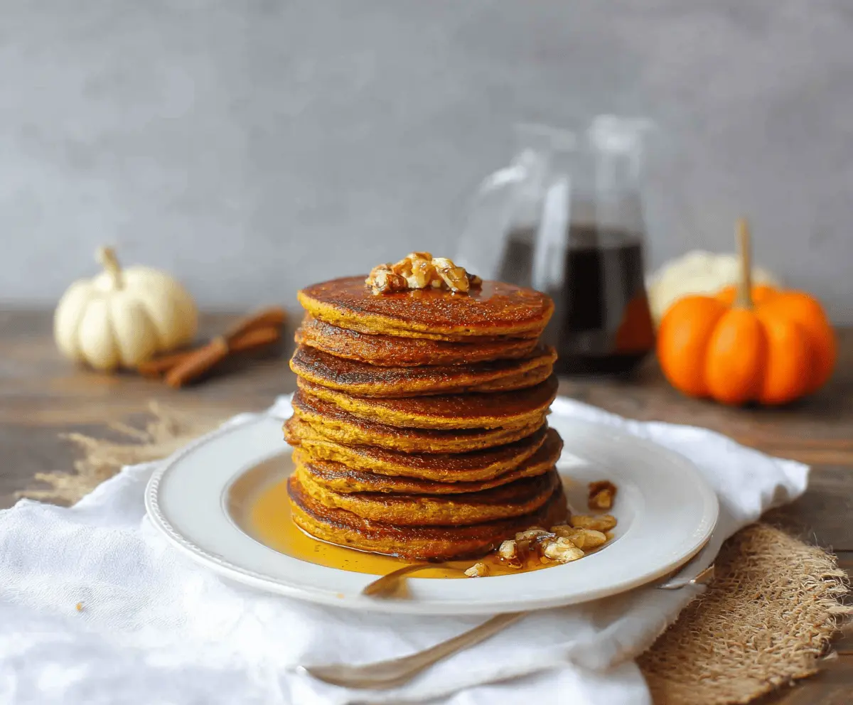 Delicious coconut flour pumpkin pancakes topped with maple syrup and garnished with fresh cinnamon, served on a white plate for a healthy breakfast.