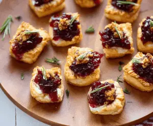 Delicious Cranberry Brie Bites featuring flaky pastry topped with creamy Brie cheese and fresh cranberry sauce, perfect for holiday appetizers.