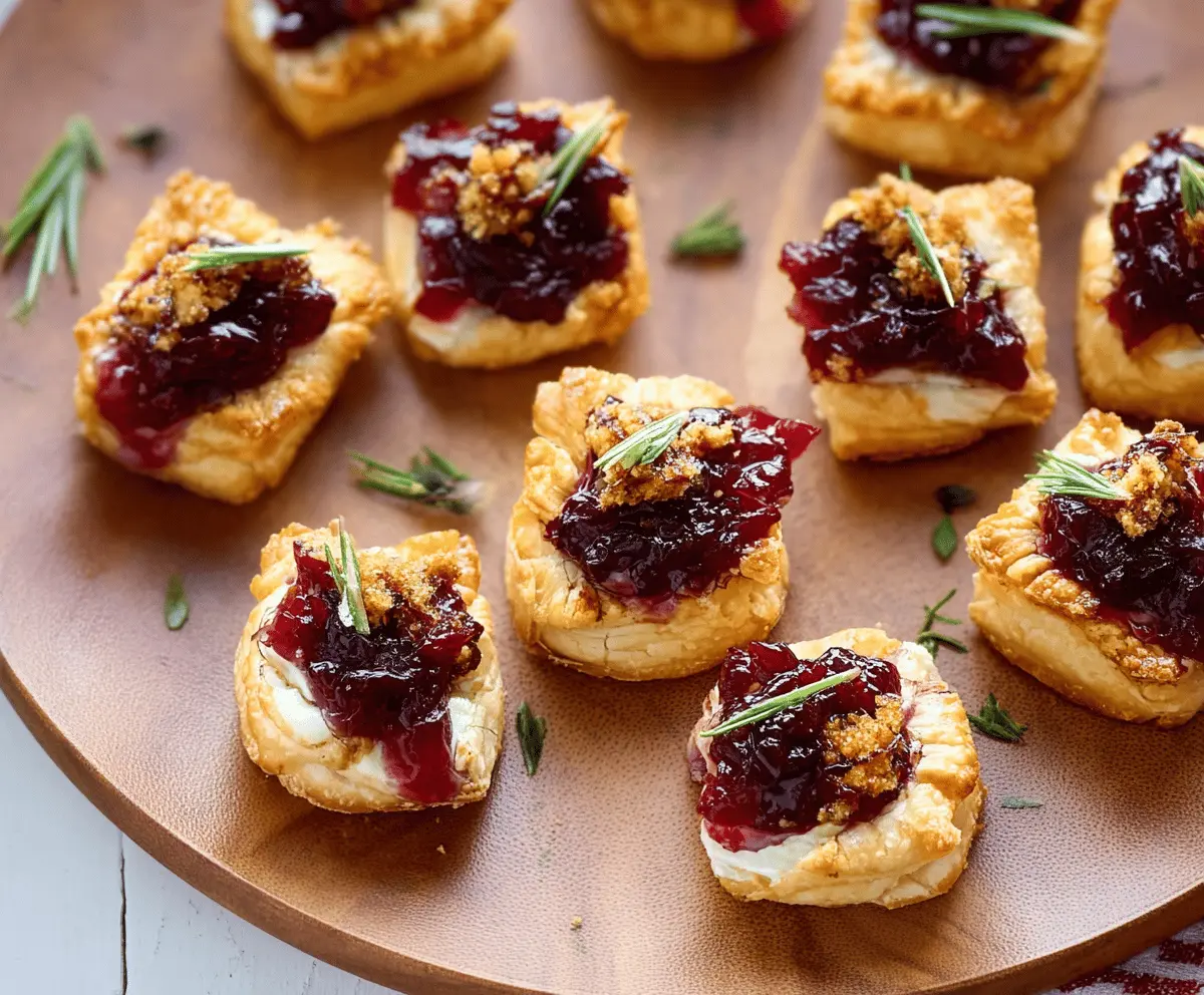 Delicious Cranberry Brie Bites featuring flaky pastry topped with creamy Brie cheese and fresh cranberry sauce, perfect for holiday appetizers.