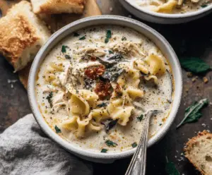 A steaming bowl of creamy chicken lasagna soup topped with melted cheese, fresh herbs, and crispy garlic bread on the side, showcasing a hearty and delicious comfort food meal.