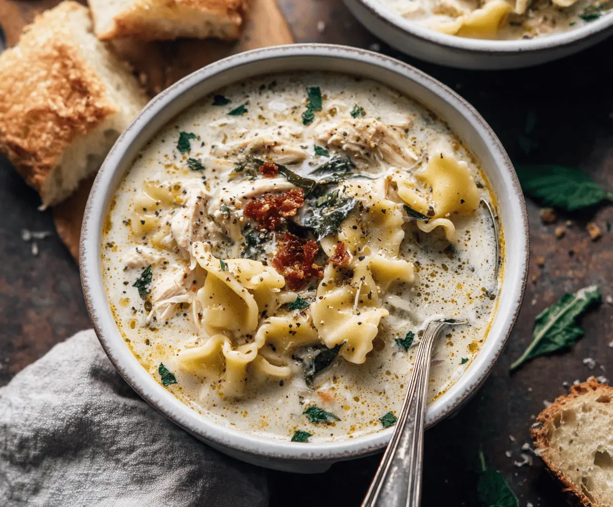 A steaming bowl of creamy chicken lasagna soup topped with melted cheese, fresh herbs, and crispy garlic bread on the side, showcasing a hearty and delicious comfort food meal.