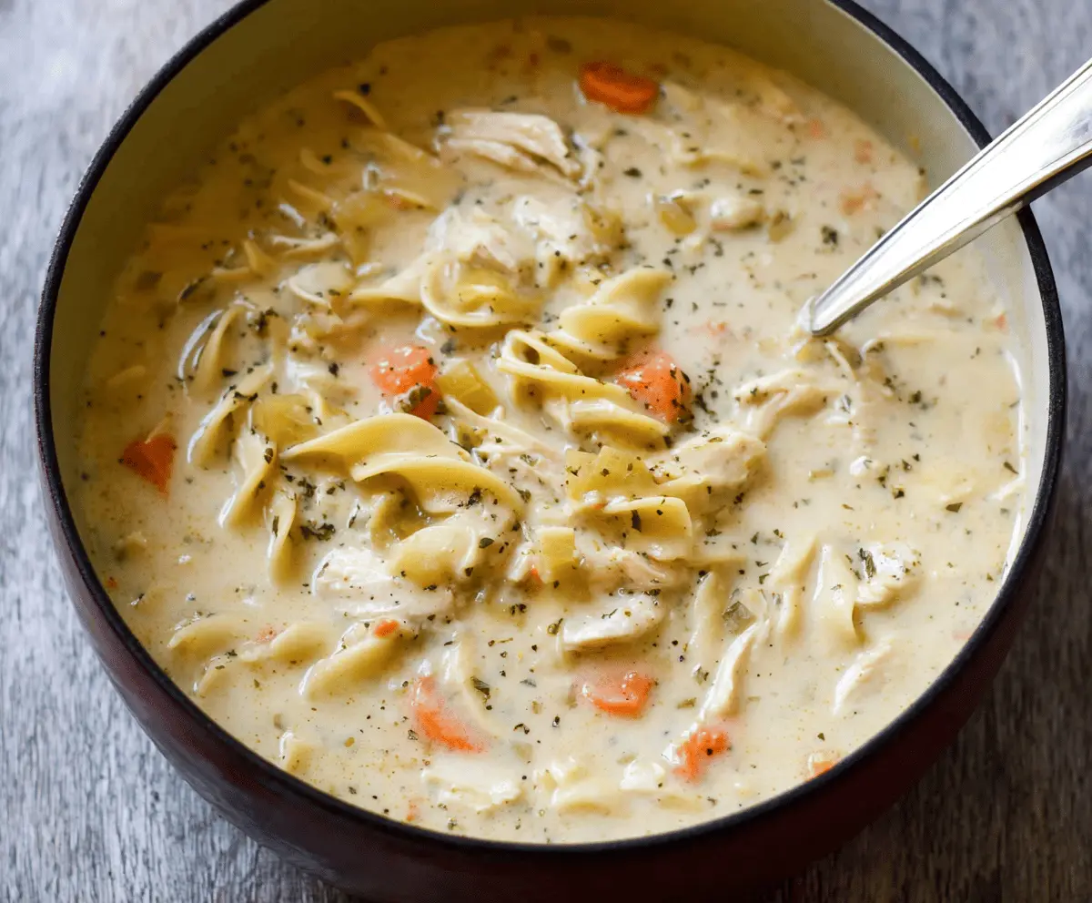 Creamy chicken noodle soup in a bowl with tender chicken, vegetables, and noodles, topped with fresh herbs for a comforting and hearty meal