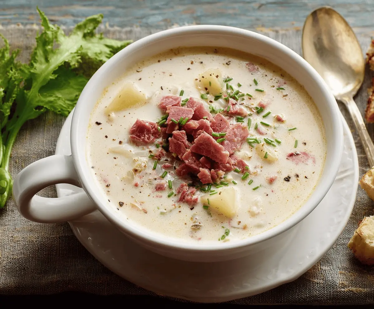 Creamy Reuben Soup served in a bowl garnished with fresh herbs, showcasing melted cheese, corned beef, sauerkraut, and rye bread croutons for a hearty, flavorful appetizer