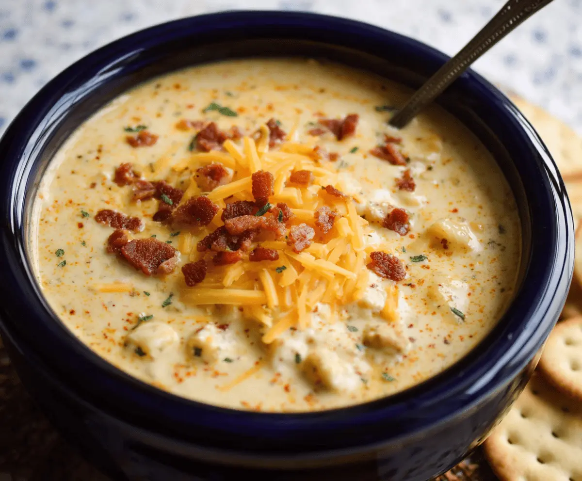 Creamy Crock Pot Crack Potato Soup in a bowl, featuring chopped green onions and crispy bacon garnishes, served with a spoon on a rustic wooden table.