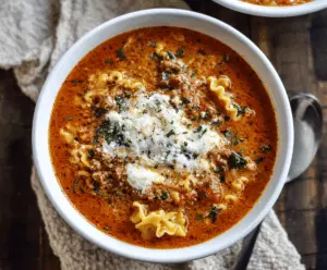 Creamy Crockpot Cheesy Ricotta Lasagna Soup in a bowl with melted cheese and fresh herbs, perfect for cozy dinners