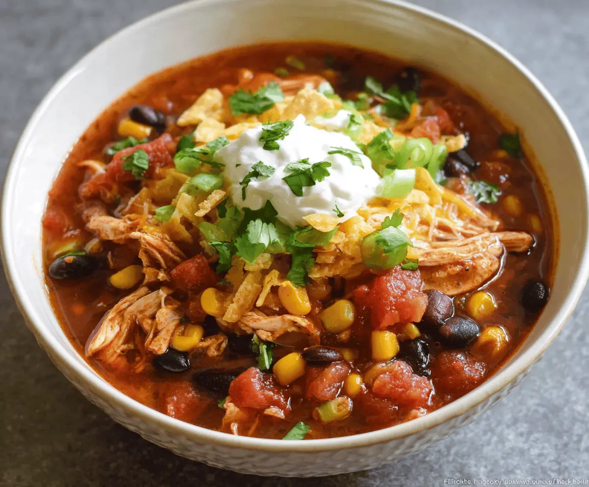 Delicious Crockpot Chicken Taco Soup in a bowl with shredded chicken, beans, corn, and toppings ready to serve