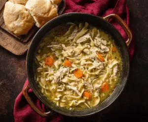 A steaming bowl of homemade Dutch Oven Chicken Noodle Soup garnished with fresh herbs and vegetables, served in a rustic bowl.