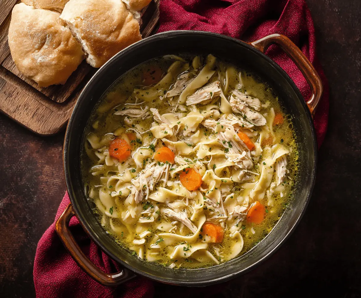 A steaming bowl of homemade Dutch Oven Chicken Noodle Soup garnished with fresh herbs and vegetables, served in a rustic bowl.