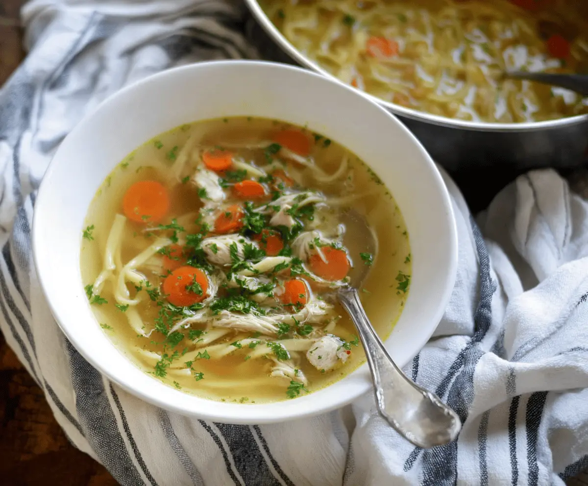 A steaming bowl of gluten-free chicken noodle soup with tender chicken, gluten-free noodles, fresh vegetables, and herbs in a white ceramic bowl on a wooden table.