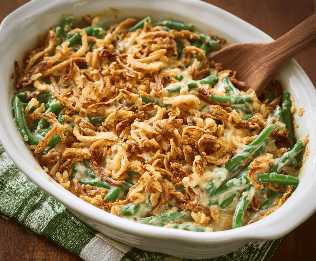 Creamy green bean casserole topped with crispy fried onions, perfect for holiday dinners and family gatherings.