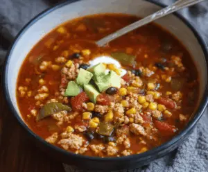 Delicious Ground Turkey Taco Soup in a bowl garnished with fresh herbs and toppings, featuring seasoned ground turkey, beans, corn, and vegetables.