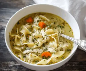 A steaming bowl of homemade Instant Pot Chicken Noodle Soup with tender chicken, vegetables, and noodles, perfect for a comforting meal.