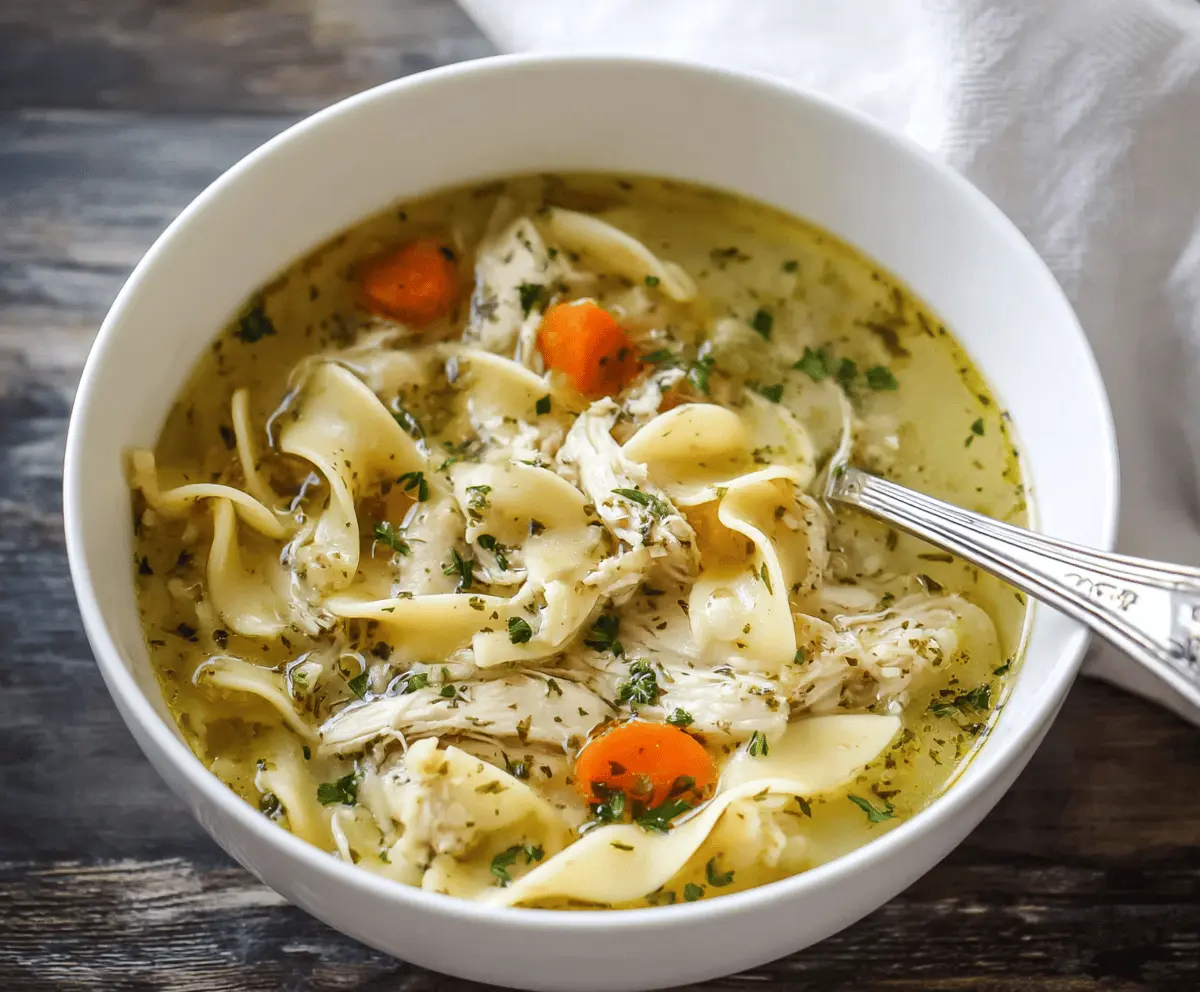 A steaming bowl of homemade Instant Pot Chicken Noodle Soup with tender chicken, vegetables, and noodles, perfect for a comforting meal.
