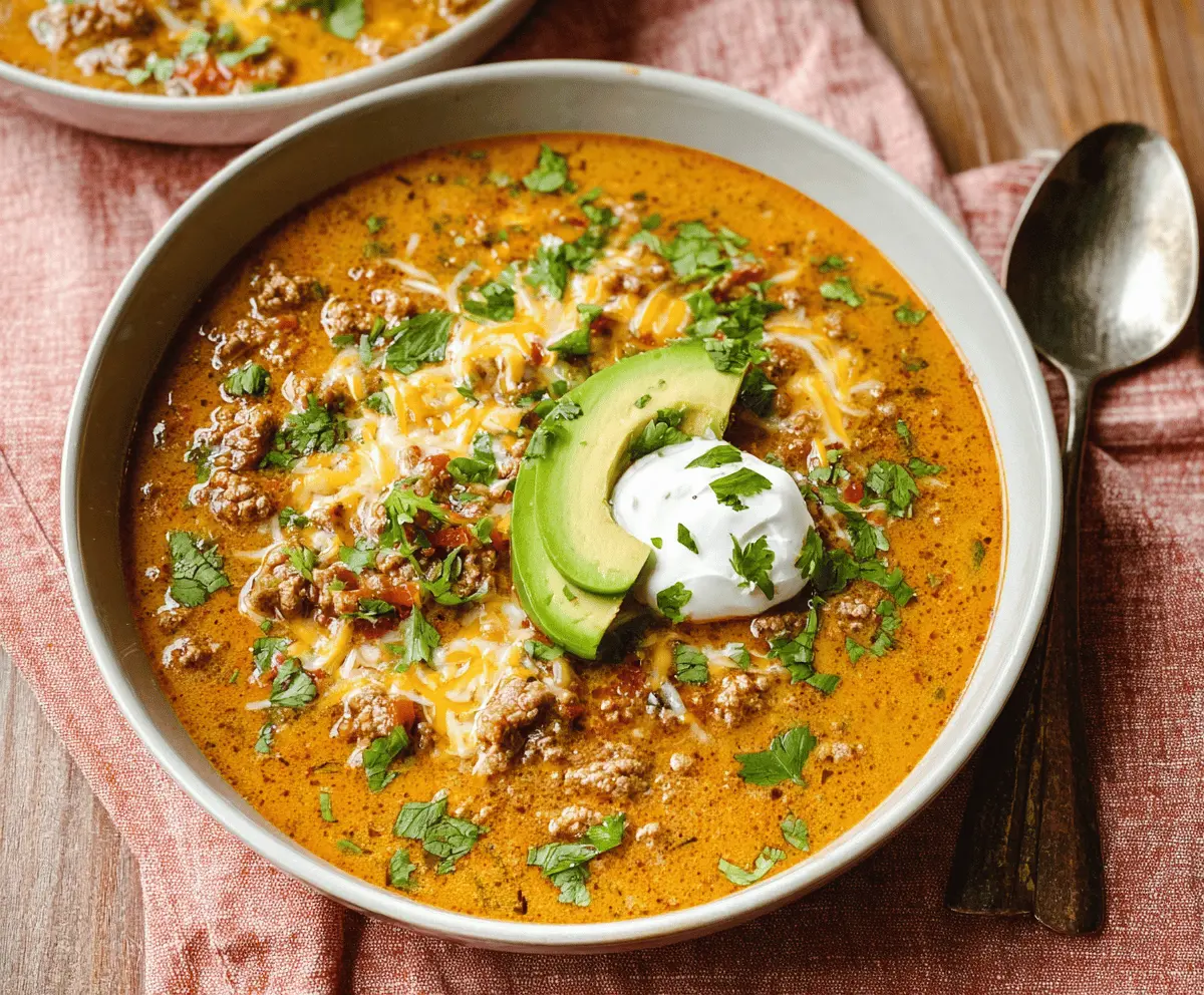 Delicious keto taco soup in a bowl with seasoned ground beef, tomatoes, cheese, and fresh herbs on a rustic wooden table.