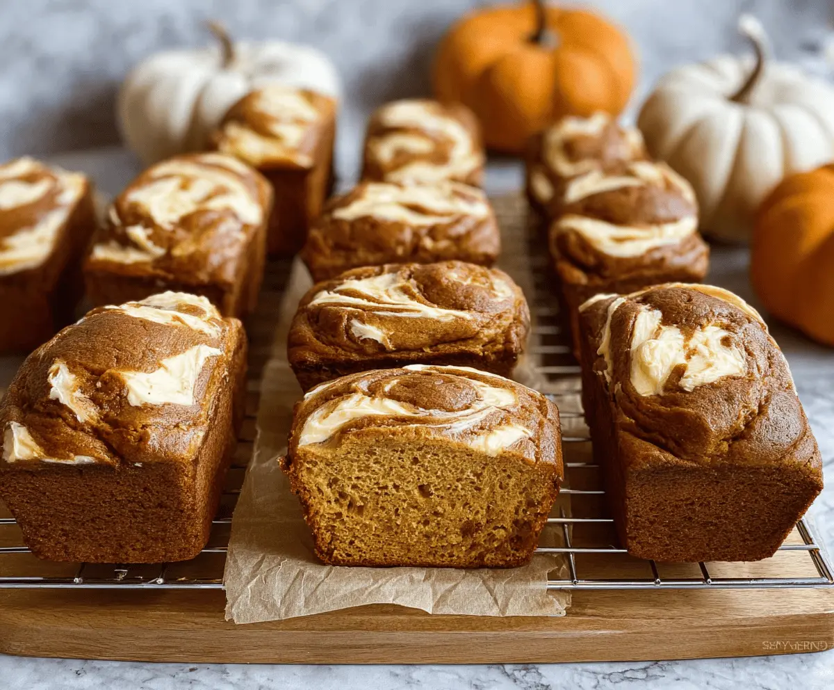 Mini Pumpkin Cream Cheese Bread slices garnished with a dusting of powdered sugar on a rustic wooden table, perfect for fall baking