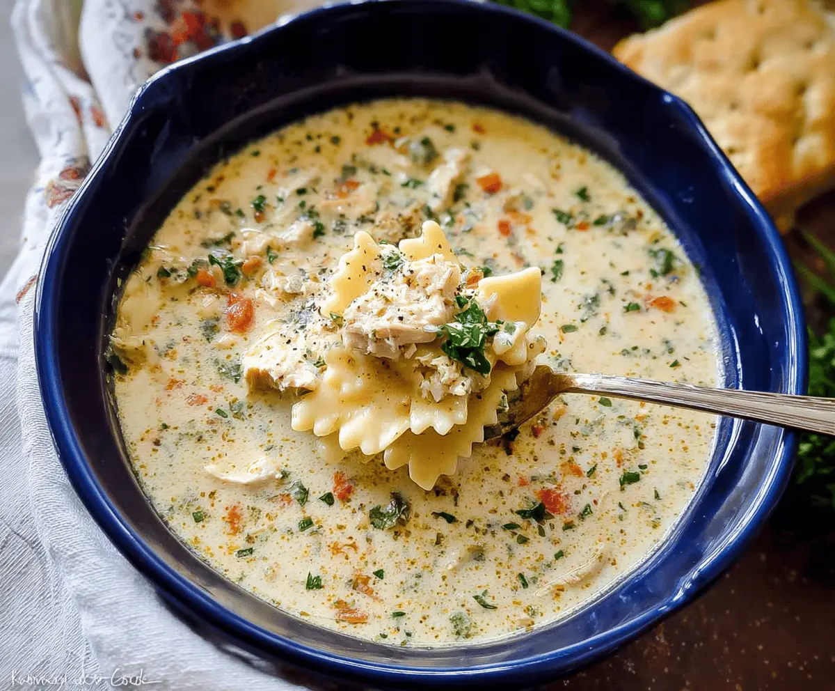 Creamy One-Pot White Chicken Lasagna Soup with shredded chicken, spinach, and melted cheese in a flavorful broth