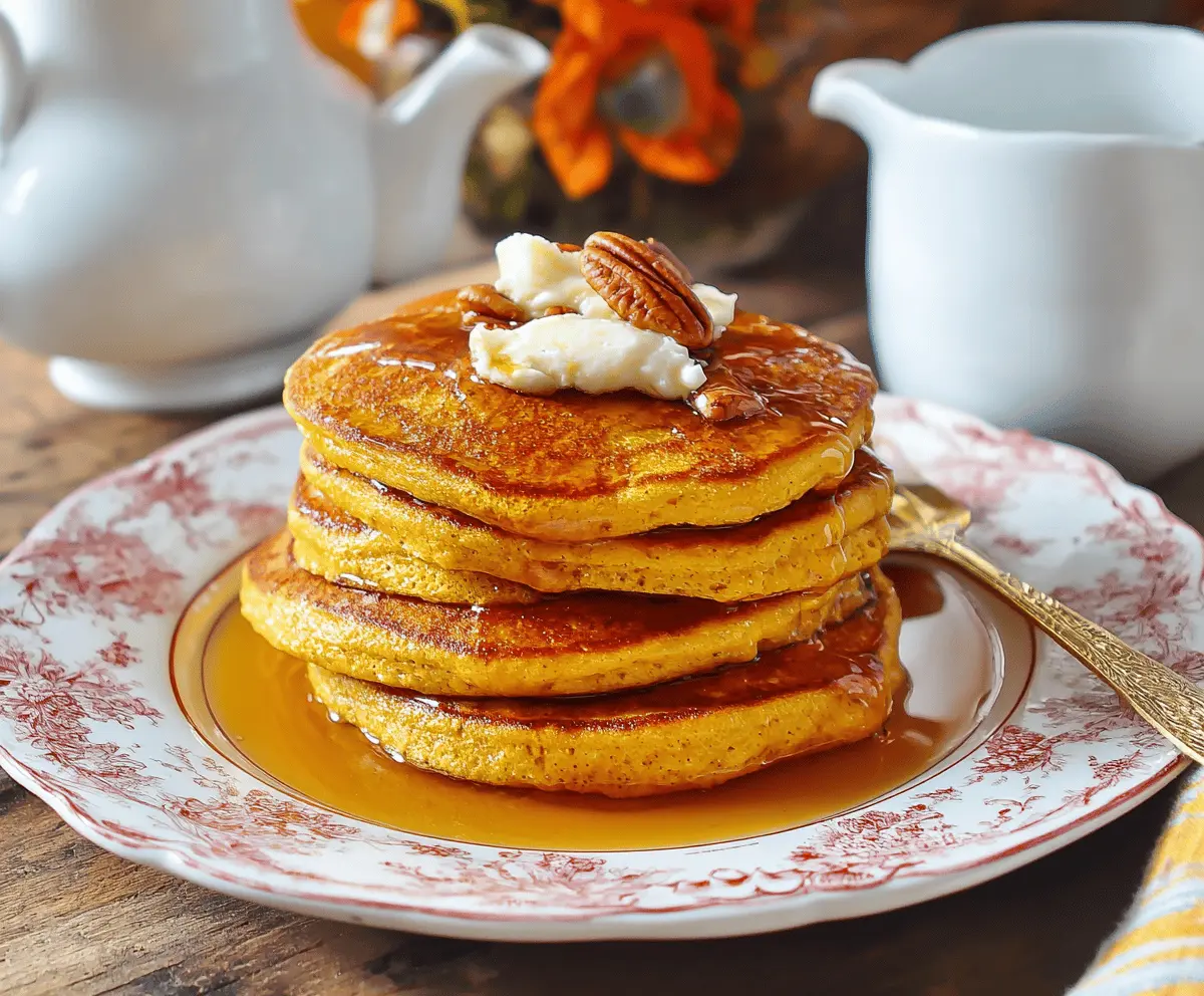 Delicious Pioneer Woman Pumpkin Pancakes topped with whipped cream and cinnamon, served on a plate with a fall-themed table setting.