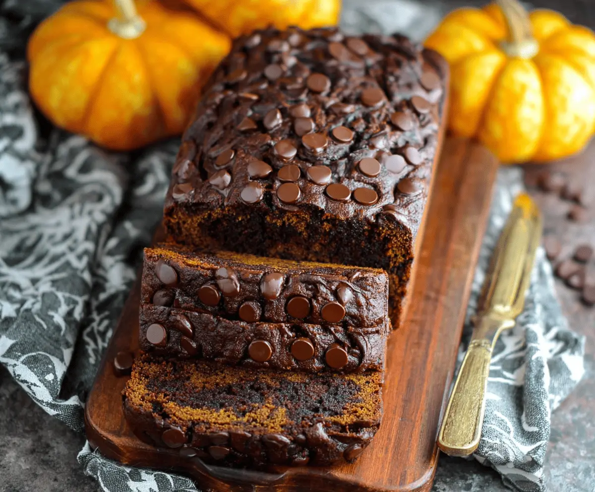 Delicious homemade pumpkin chocolate bread with rich chocolate chunks and warm autumn flavors on a rustic wooden table