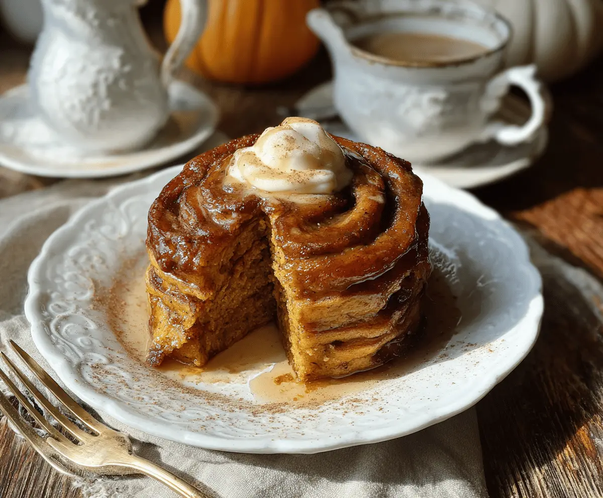 Delicious pumpkin cinnamon roll pancakes topped with cream cheese glaze, perfect for a fall breakfast treat.