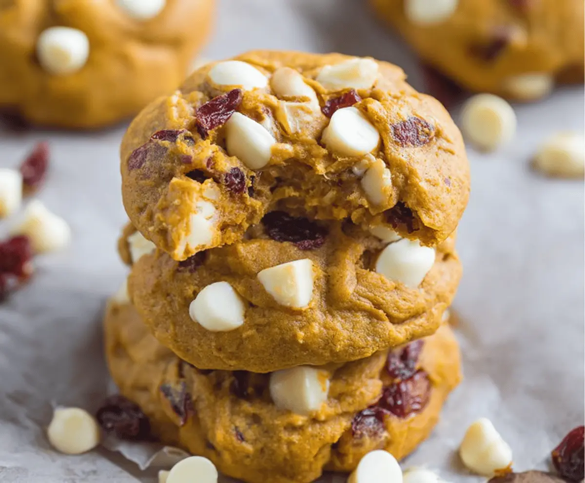 Delicious Pumpkin Cranberry White Chocolate Cookies with chunks of pumpkin, dried cranberries, and melted white chocolate on a baking sheet