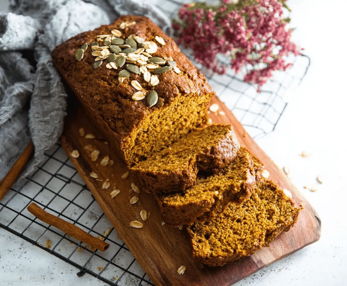 Freshly baked Pumpkin Oatmeal Bread sliced and topped with a dusting of cinnamon, showcasing a hearty, flavorful breakfast loaf with a golden crust and tender crumb.