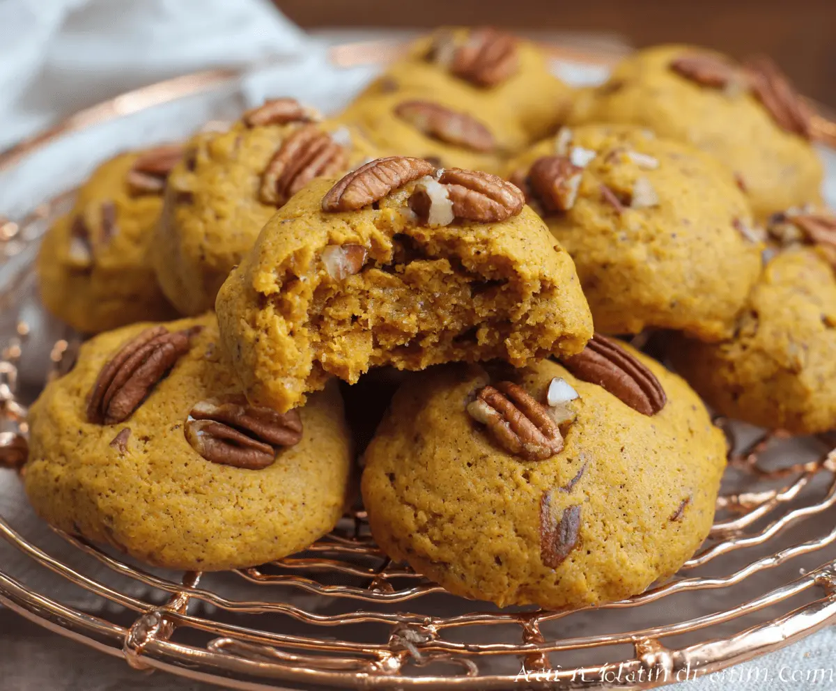 Delicious homemade Pumpkin Pecan Cookies with a golden-brown crust topped with toasted pecans and a hint of cinnamon, perfect for fall desserts