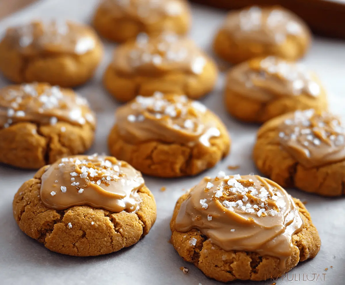 Delicious homemade Pumpkin Salted Caramel Cookies with a golden-brown crust, drizzled caramel, and a sprinkle of sea salt on top