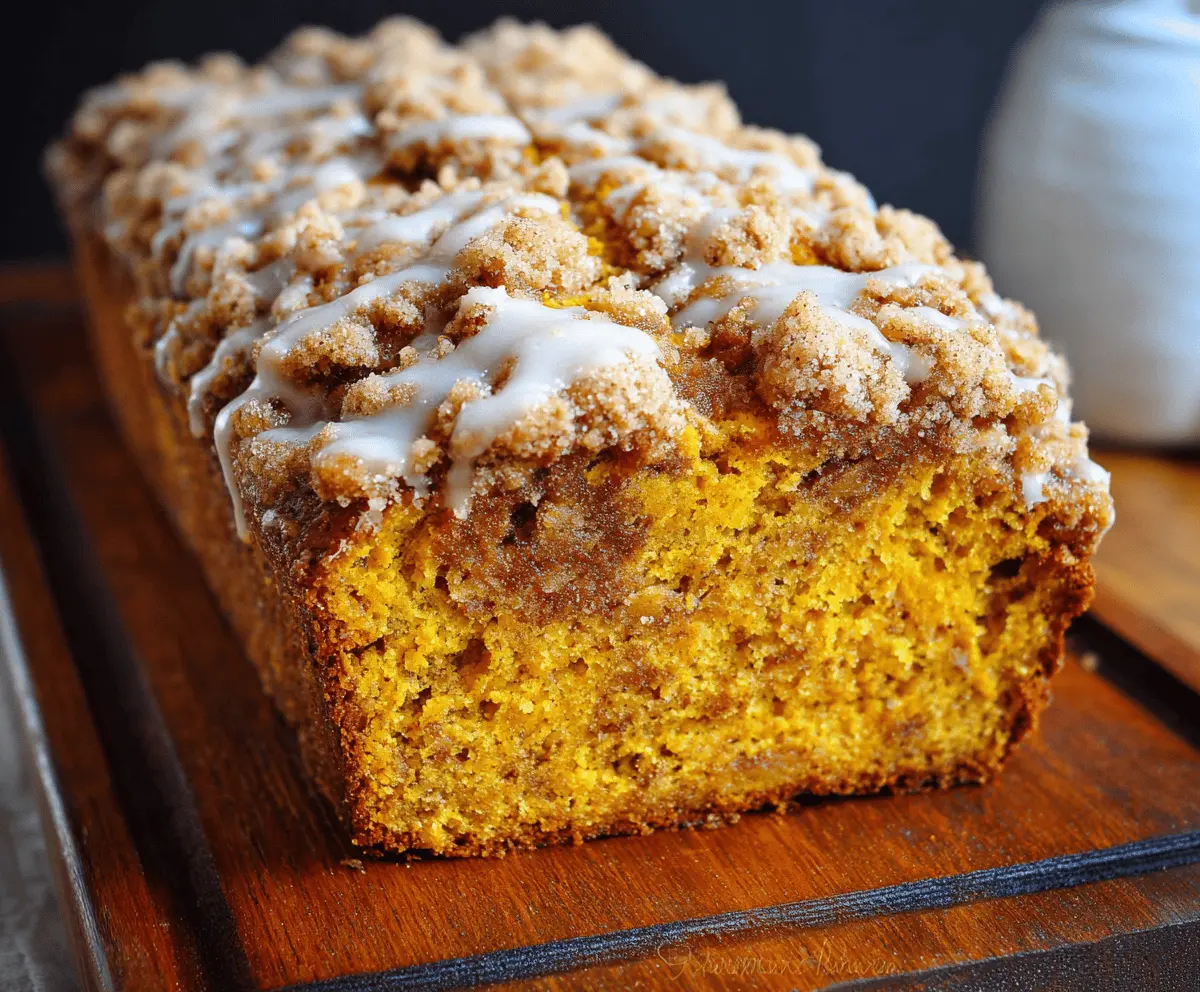 Delicious Pumpkin Streusel Bread sliced and garnished with powdered sugar, featuring a golden crust and crumb topping, perfect for fall desserts or cozy mornings.