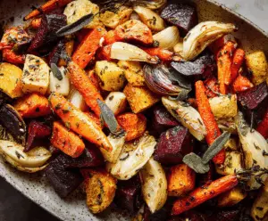 Colorful roasted root vegetables featuring carrots, parsnips, and sweet potatoes, served on a rustic wooden platter for a healthy, delicious side dish.