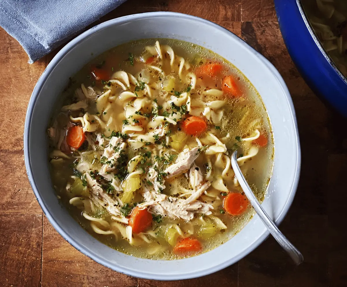 A steaming bowl of rotisserie chicken noodle soup topped with fresh herbs, showcasing tender chicken, colorful vegetables, and hearty noodles in a flavorful broth.