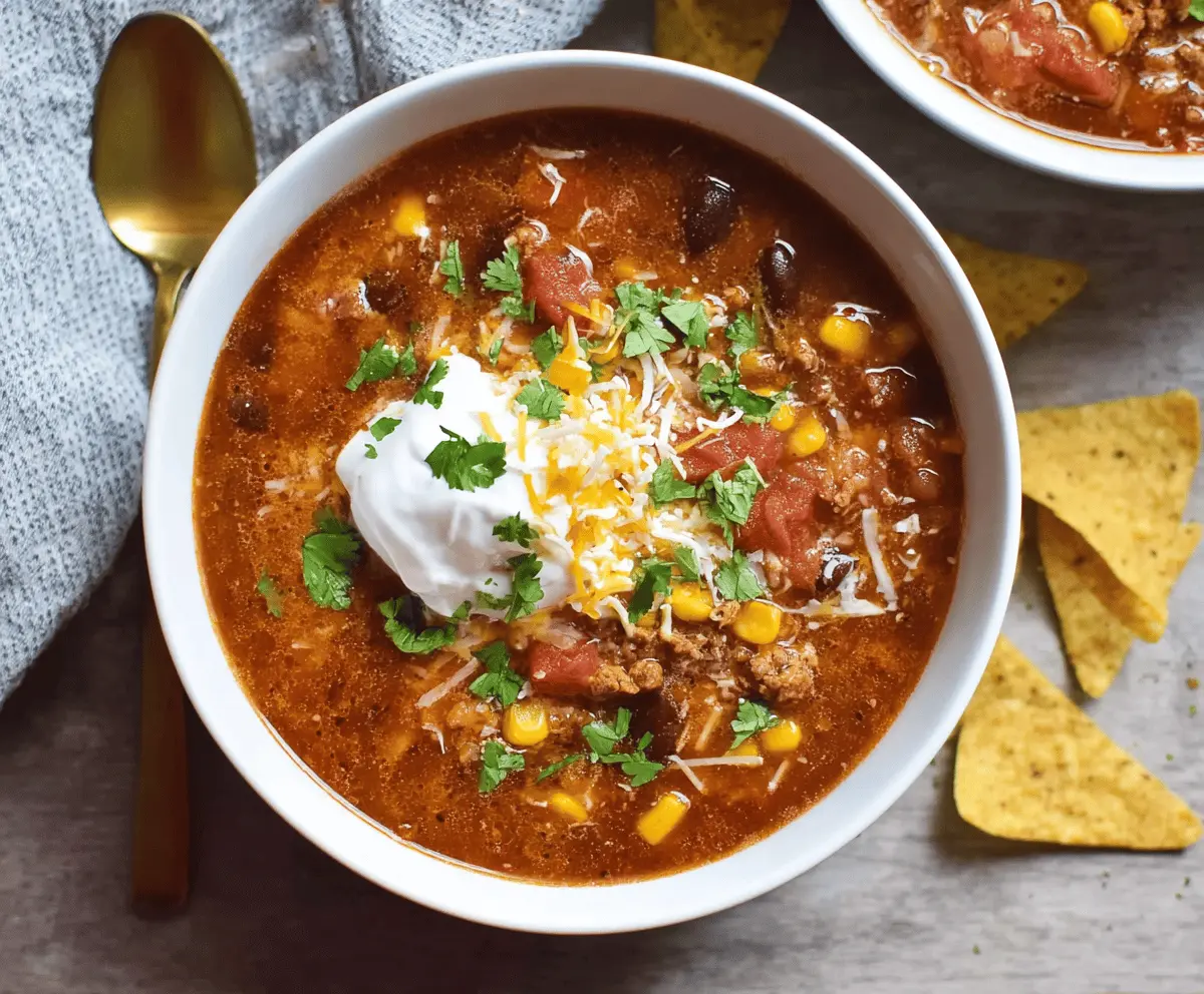 Delicious Slow Cooker Taco Soup in a bowl topped with shredded cheese, fresh cilantro, and sour cream, served with tortilla chips