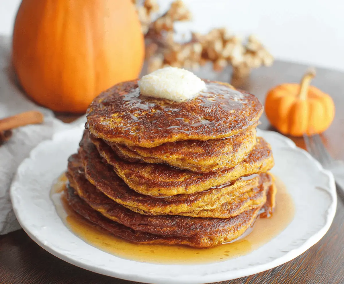Fluffy sourdough pumpkin pancakes topped with syrup and autumn spices on a plate with a fork and pumpkin slices